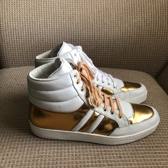 Gucci Men's White/Gold Leather Lace Up Ronnie High Top Sneakers - Picture 1 of 12
